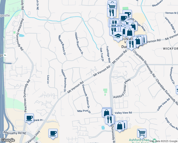 map of restaurants, bars, coffee shops, grocery stores, and more near 1128 Bellewood Square in Dunwoody