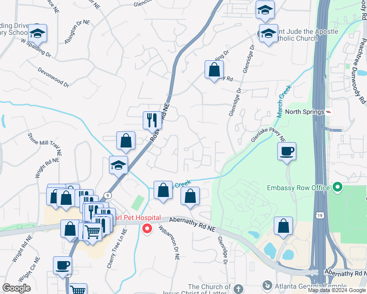 map of restaurants, bars, coffee shops, grocery stores, and more near 6951 Roswell Road in Sandy Springs