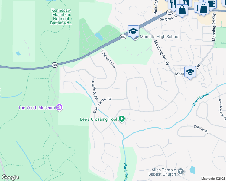 map of restaurants, bars, coffee shops, grocery stores, and more near 560 Trailwood Lane Southwest in Marietta