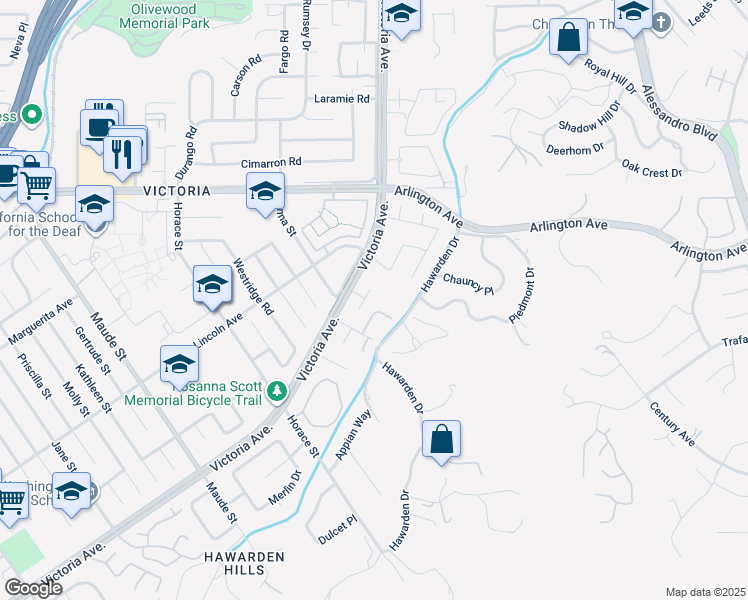 map of restaurants, bars, coffee shops, grocery stores, and more near 2645 Vista De Victoria in Riverside