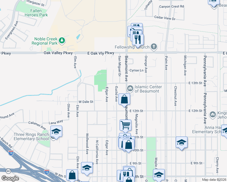 map of restaurants, bars, coffee shops, grocery stores, and more near 1257 Euclid Avenue in Beaumont