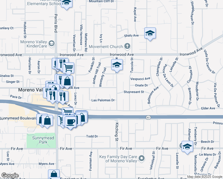 map of restaurants, bars, coffee shops, grocery stores, and more near 25459 Hemlock Avenue in Moreno Valley