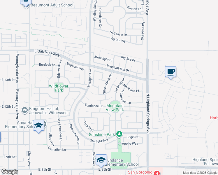 map of restaurants, bars, coffee shops, grocery stores, and more near 1281 Smoke Tree Lane in Beaumont
