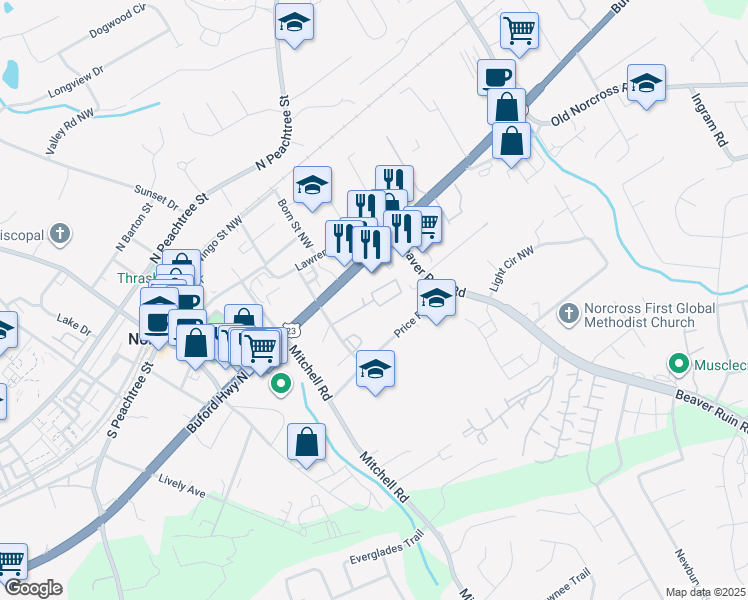 map of restaurants, bars, coffee shops, grocery stores, and more near 618 Summer Place Northwest in Norcross