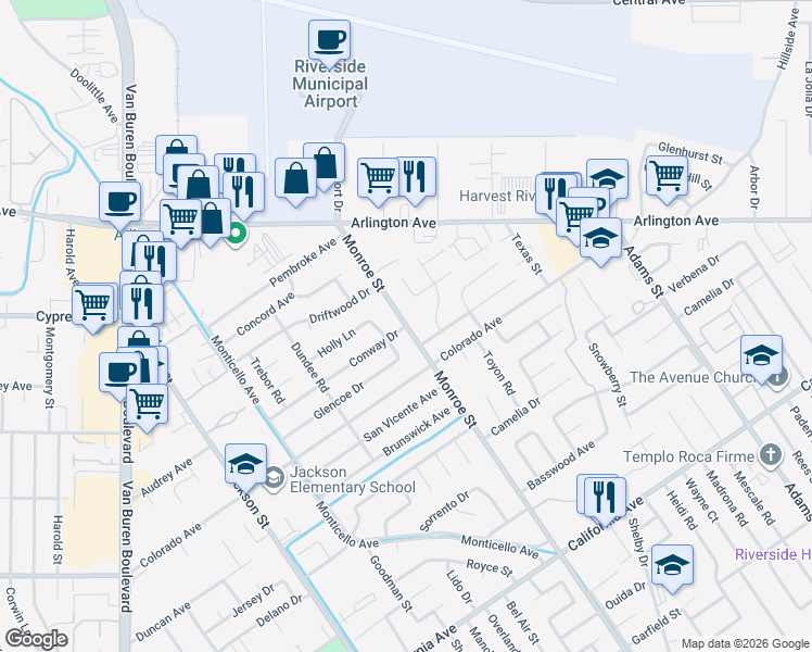 map of restaurants, bars, coffee shops, grocery stores, and more near 8932 Conway Drive in Riverside