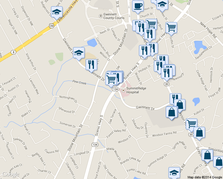 map of restaurants, bars, coffee shops, grocery stores, and more near 488 Gwinnett Dr SW in Lawrenceville