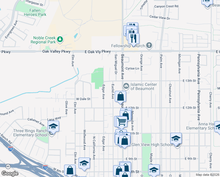map of restaurants, bars, coffee shops, grocery stores, and more near 1271 Euclid Avenue in Beaumont