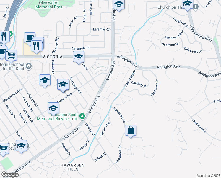 map of restaurants, bars, coffee shops, grocery stores, and more near 2645 Vista De Victoria in Riverside