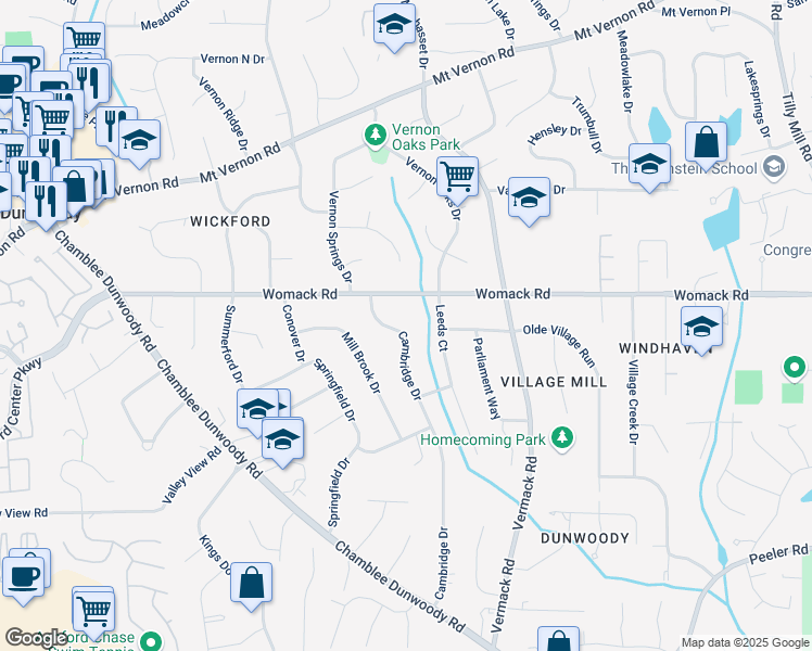 map of restaurants, bars, coffee shops, grocery stores, and more near 4935 Cambridge Drive in Dunwoody