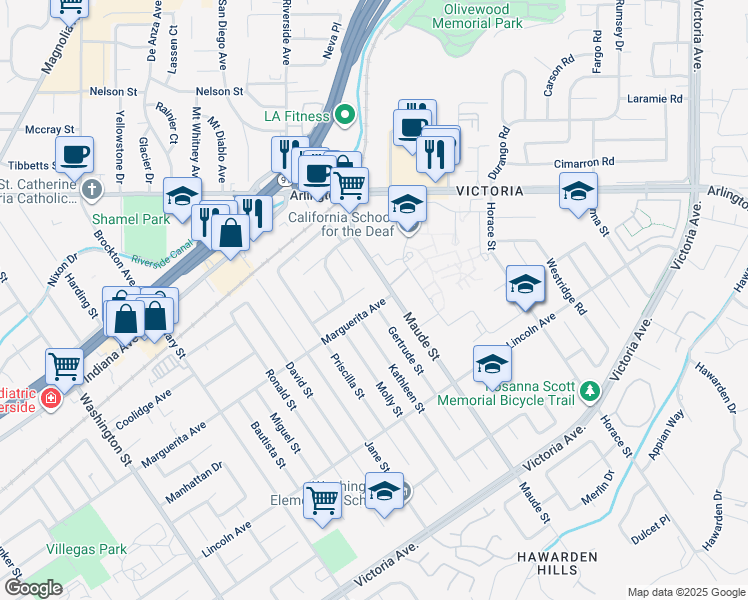 map of restaurants, bars, coffee shops, grocery stores, and more near 6529 Marguerita Avenue in Riverside