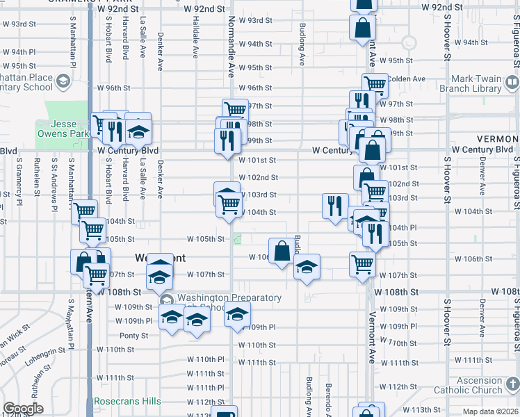 map of restaurants, bars, coffee shops, grocery stores, and more near 1307 West 104th Street in Los Angeles