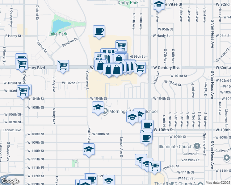 map of restaurants, bars, coffee shops, grocery stores, and more near 10231 Darby Avenue in Inglewood