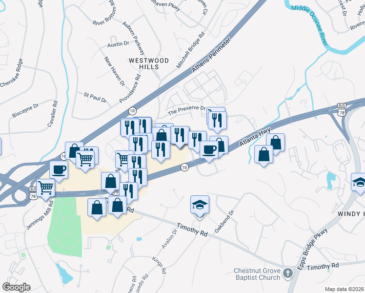 map of restaurants, bars, coffee shops, grocery stores, and more near 3108 Atlanta Highway in Athens