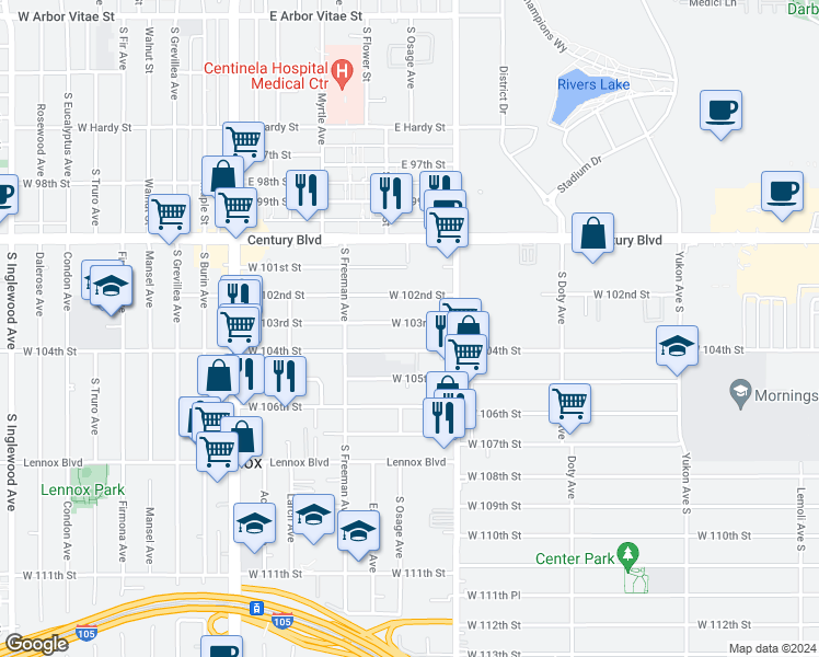 map of restaurants, bars, coffee shops, grocery stores, and more near 4052 West 103rd Street in Inglewood