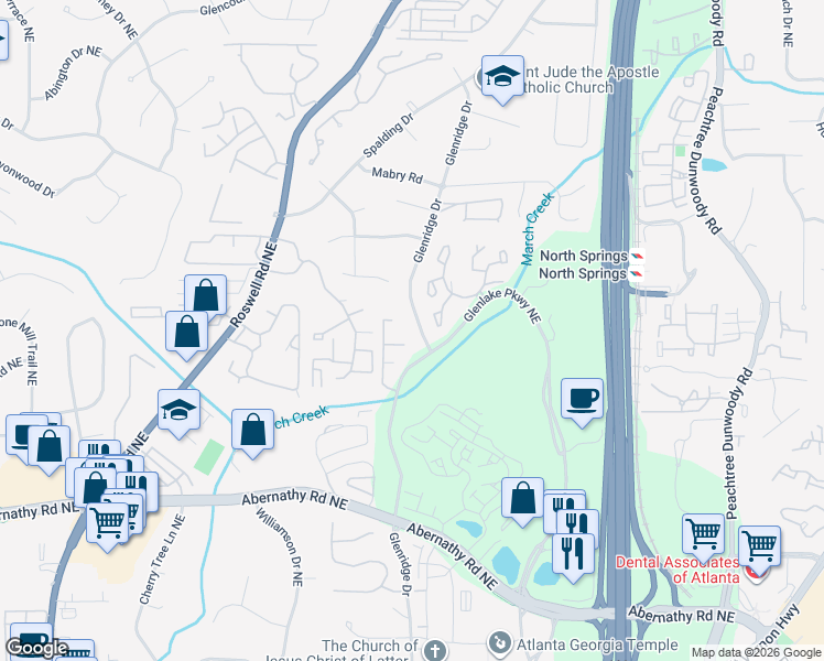 map of restaurants, bars, coffee shops, grocery stores, and more near 6812 Glenridge Drive in Atlanta