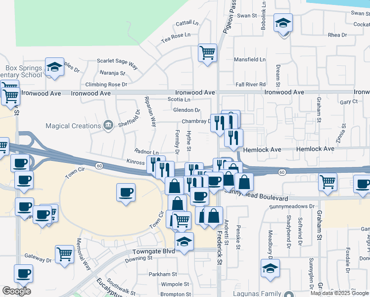 map of restaurants, bars, coffee shops, grocery stores, and more near 12283 Hythe Street in Moreno Valley