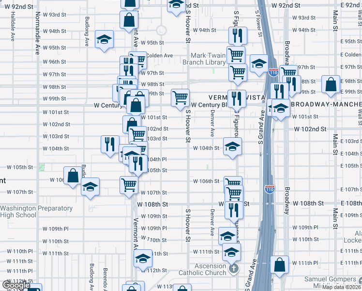 map of restaurants, bars, coffee shops, grocery stores, and more near 715 West 104th Street in Los Angeles
