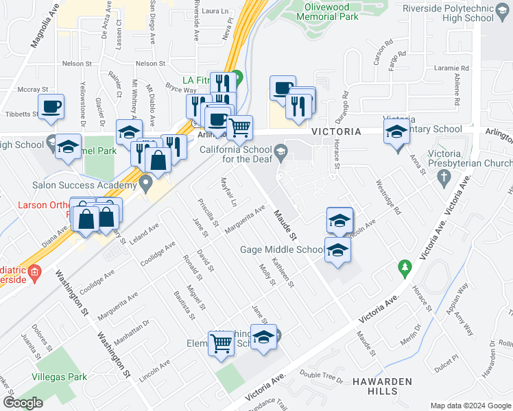 map of restaurants, bars, coffee shops, grocery stores, and more near 6529 Marguerita Avenue in Riverside