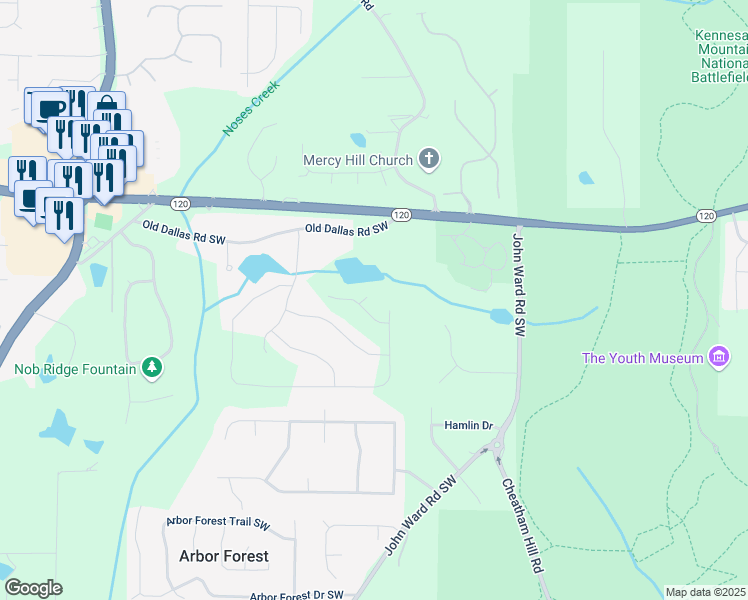 map of restaurants, bars, coffee shops, grocery stores, and more near 448 Lower Shoreline Court in Marietta