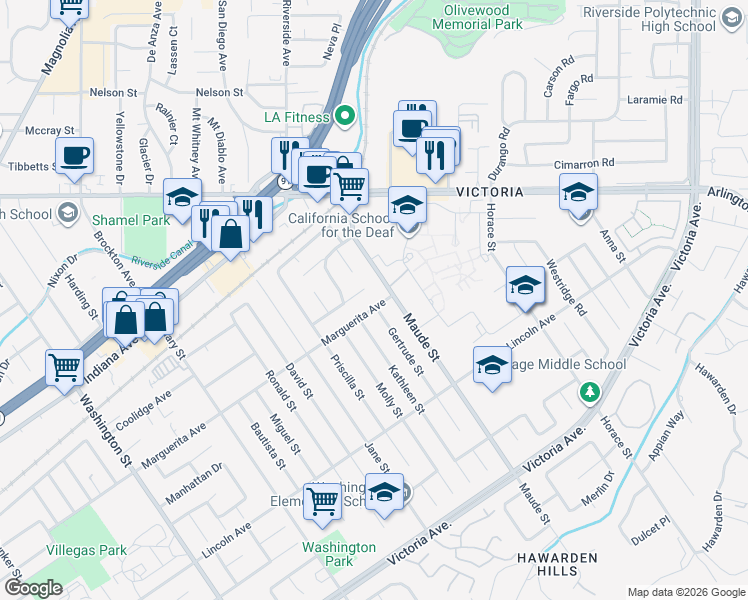 map of restaurants, bars, coffee shops, grocery stores, and more near 6529 Marguerita Avenue in Riverside