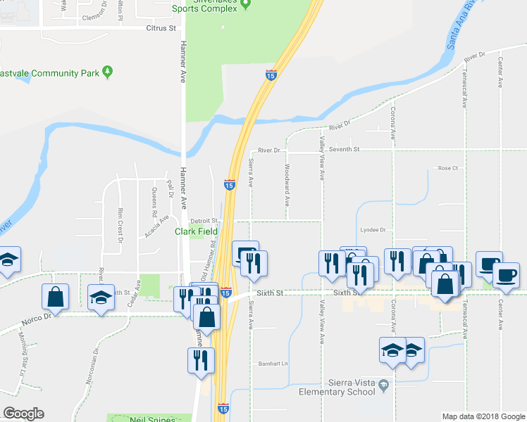 map of restaurants, bars, coffee shops, grocery stores, and more near 1467 Detroit Street in Norco