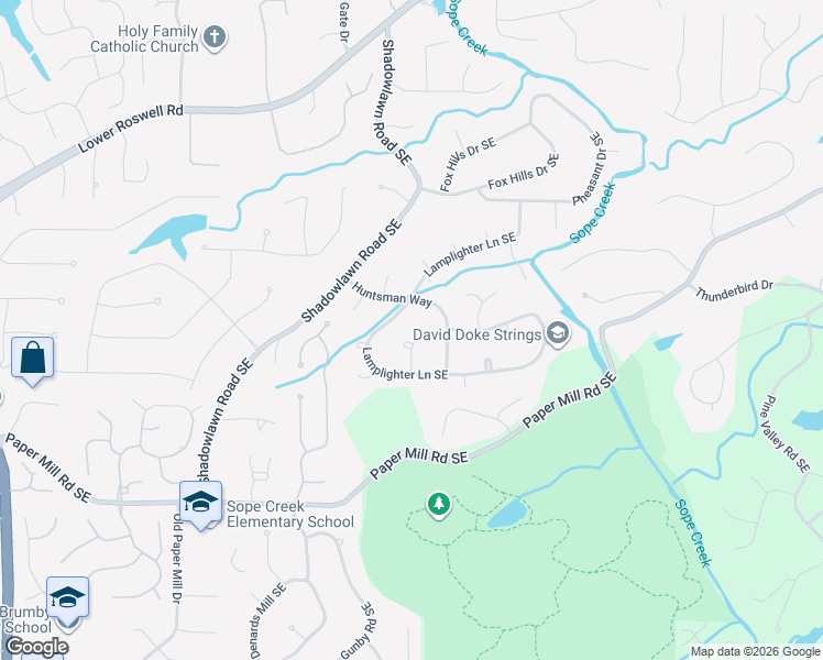 map of restaurants, bars, coffee shops, grocery stores, and more near 408 Pebblestone Circle Southeast in Marietta