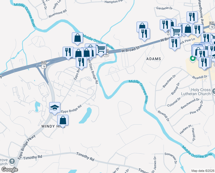 map of restaurants, bars, coffee shops, grocery stores, and more near 285 Sycamore Dr in Athens