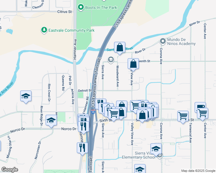 map of restaurants, bars, coffee shops, grocery stores, and more near 1467 Detroit Street in Norco