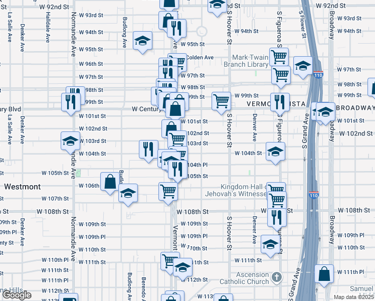 map of restaurants, bars, coffee shops, grocery stores, and more near 833 West 104th Street in Los Angeles