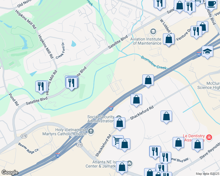 map of restaurants, bars, coffee shops, grocery stores, and more near 4370 Satellite Boulevard in Duluth