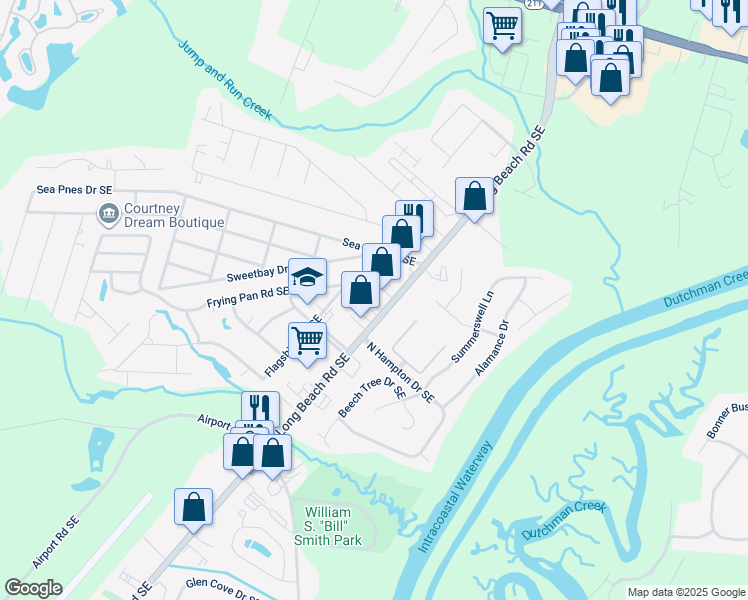map of restaurants, bars, coffee shops, grocery stores, and more near 4583 Long Beach Road Southeast in Southport