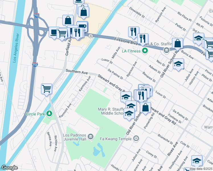 map of restaurants, bars, coffee shops, grocery stores, and more near 7133 Cole Street in Downey
