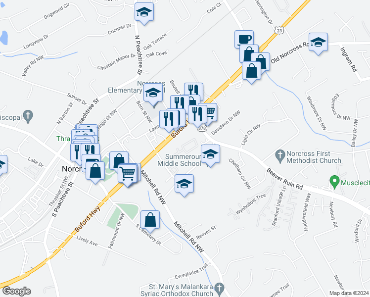 map of restaurants, bars, coffee shops, grocery stores, and more near 508 Summer Court Northwest in Norcross