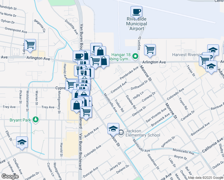 map of restaurants, bars, coffee shops, grocery stores, and more near 8941 Concord Avenue in Riverside