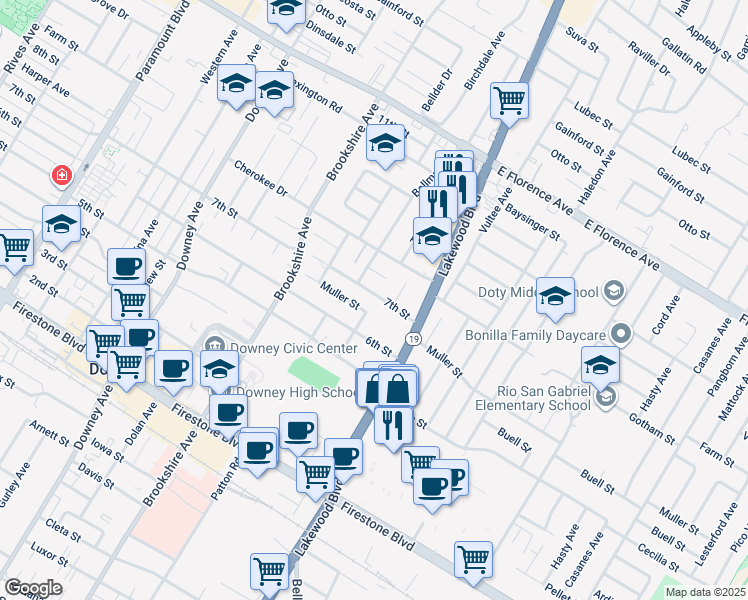 map of restaurants, bars, coffee shops, grocery stores, and more near 8670 7th Street in Downey