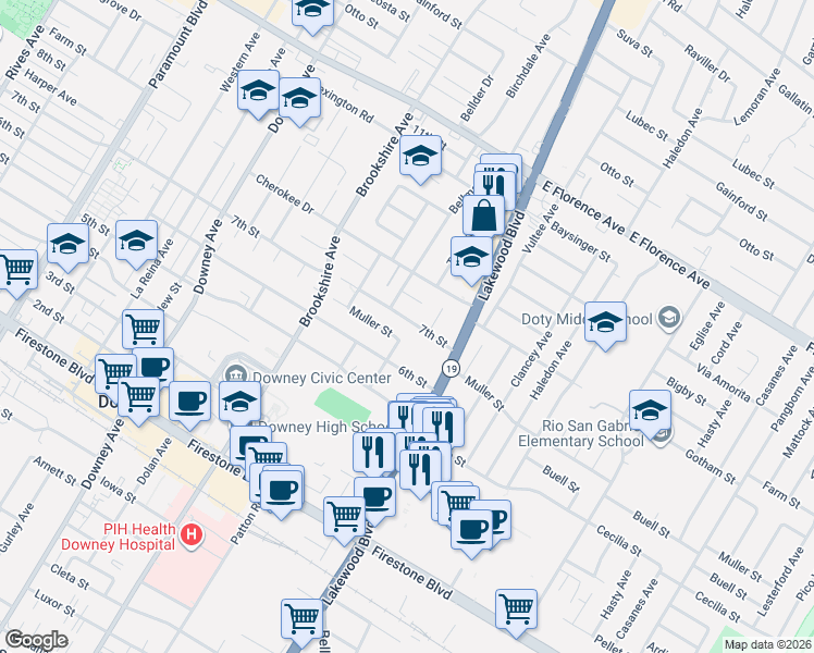 map of restaurants, bars, coffee shops, grocery stores, and more near 8670 7th Street in Downey