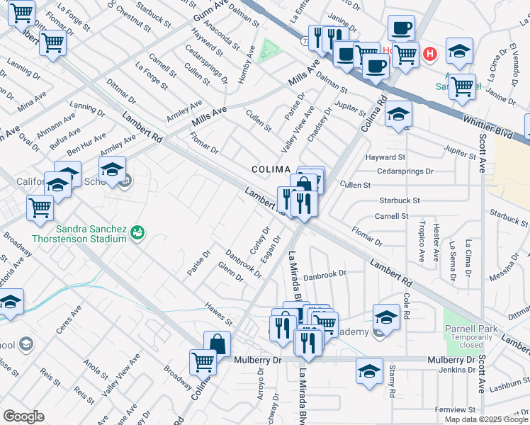 map of restaurants, bars, coffee shops, grocery stores, and more near 14816 Lanning Drive in Whittier