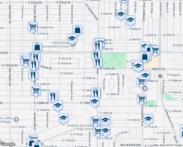 map of restaurants, bars, coffee shops, grocery stores, and more near 1134 East 103rd Place in Los Angeles