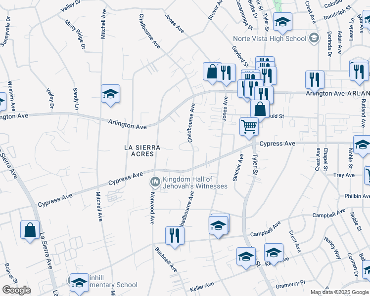 map of restaurants, bars, coffee shops, grocery stores, and more near 6116 Chadbourne Avenue in Riverside