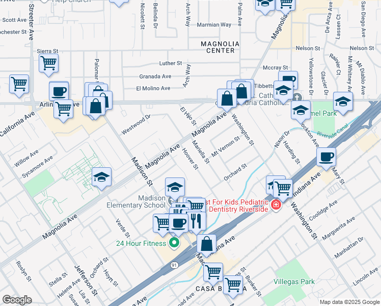 map of restaurants, bars, coffee shops, grocery stores, and more near 3759 Hoover Street in Riverside