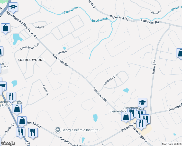 map of restaurants, bars, coffee shops, grocery stores, and more near 164 Hickory View Drive in Lawrenceville