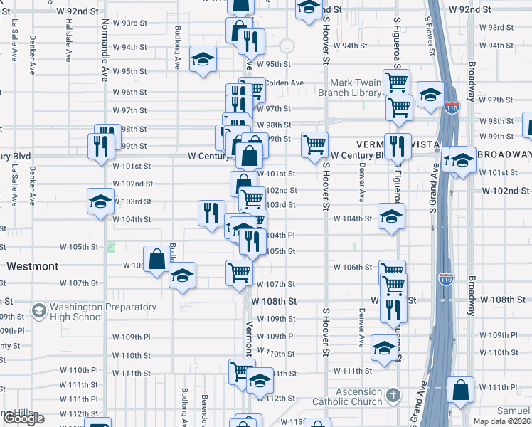 map of restaurants, bars, coffee shops, grocery stores, and more near 833 West 104th Street in Los Angeles