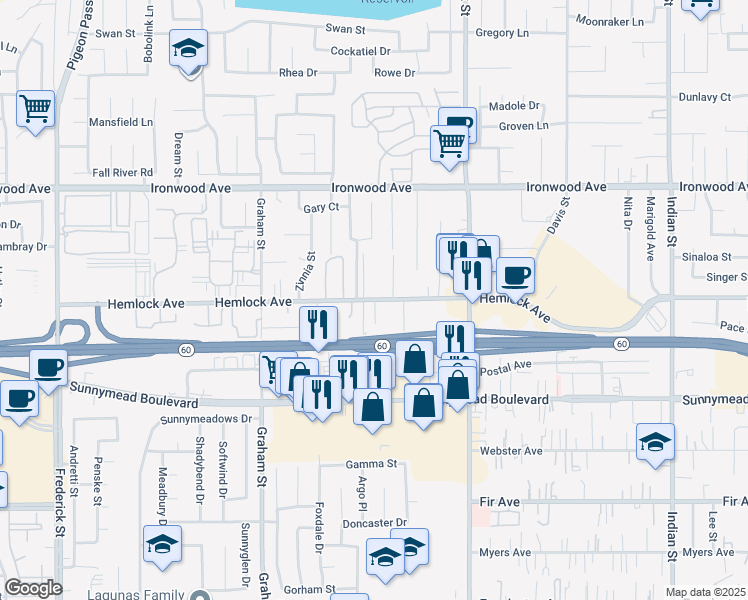 map of restaurants, bars, coffee shops, grocery stores, and more near 23815 Hemlock Avenue in Moreno Valley