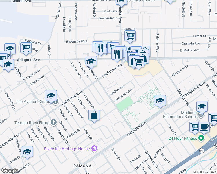map of restaurants, bars, coffee shops, grocery stores, and more near 7877 Willow Avenue in Riverside
