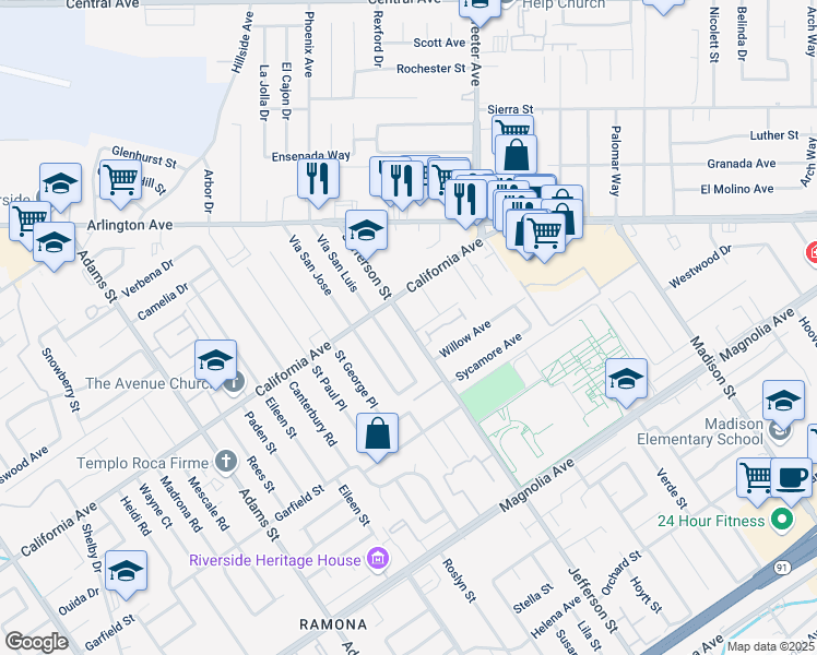 map of restaurants, bars, coffee shops, grocery stores, and more near 4125 Vía San Luis in Riverside