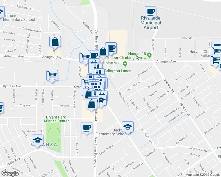 map of restaurants, bars, coffee shops, grocery stores, and more near 4879 Jackson Street in Riverside
