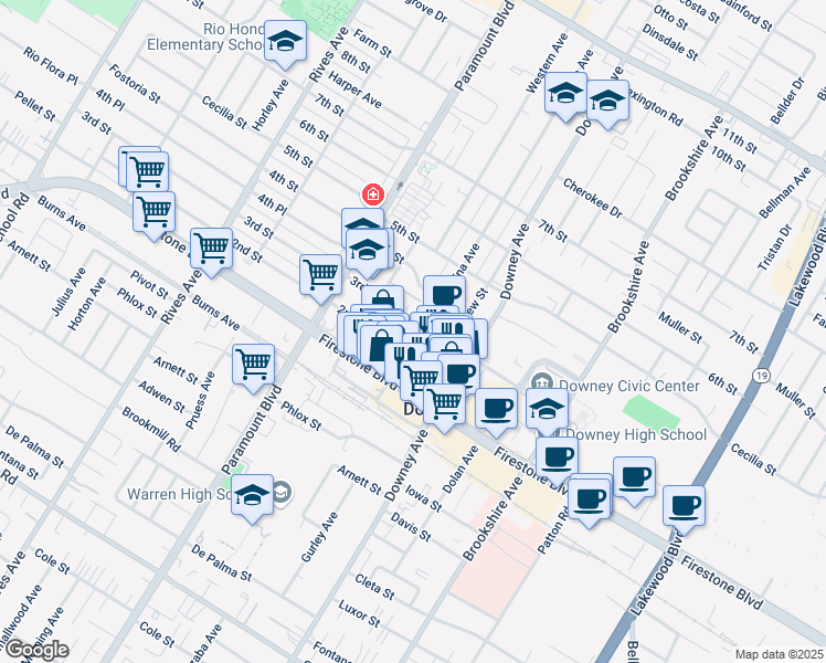 map of restaurants, bars, coffee shops, grocery stores, and more near 11021 La Reina Avenue in Downey