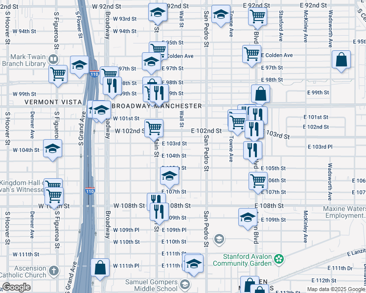 map of restaurants, bars, coffee shops, grocery stores, and more near 153 East 104th Street in Los Angeles