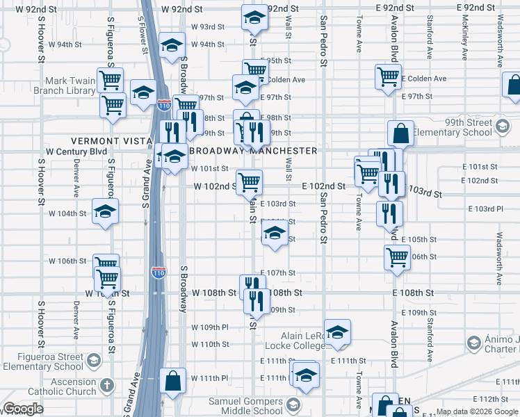 map of restaurants, bars, coffee shops, grocery stores, and more near 109 East 104th Street in Los Angeles