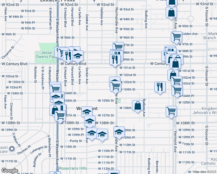 map of restaurants, bars, coffee shops, grocery stores, and more near 1448 West 104th Street in Los Angeles